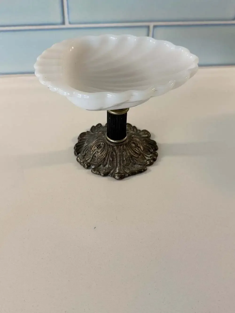 Vintage Milk Glass Seashell Trinket or Soap Dish on Ornate Metal Pedestal Base